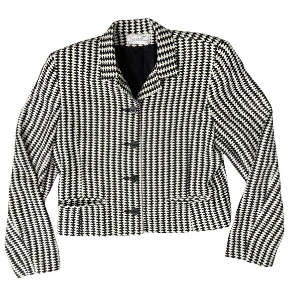 Vintage 90s Black White Houndstooth 100% Silk Cropped Blazer size XS Soiree - Picture 10 of 11